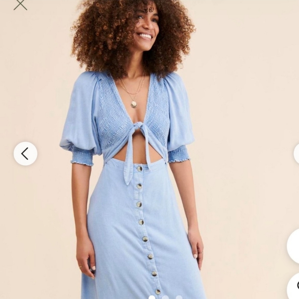 Free People String of Hearts Smocked V-neck Cut-out Button-Down Maxi Dre… - Picture 5 of 14